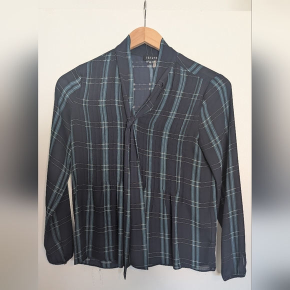 1.State Plaid Georgette Long Sleeve Tie Neck Pintuck Sleek Plaid Blouse XS - Picture 4 of 4
